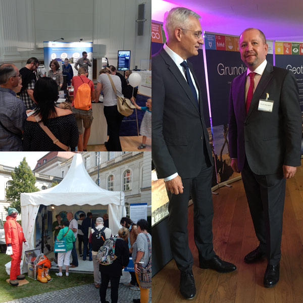 Tag der offenen Tür der Bundesregierung: Die Stände der BGR im BMWi (Fotos links). BGR-Präsident Prof. Dr. Ralph Watzel mit StS Martin Jäger im BMZ (v.r.n.l., großes Foto).