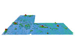 3D-Abbildung des Meeresbodens im deutschen Manganknollen-Lizenzgebiet im Pazifik. Das dargestellte Gebiet erstreckt sich auf 250 km (Nord-Süd-Richtung) bzw. 350 km (Ost-West). Die Wassertiefen liegen zwischen 2000 m  und 4500 m.