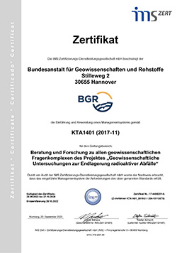 KTA 1401 Zertifikat der BGR - Bestätigung des Qualitätsmanagementsystems der BGR durch die  IMS-Zert GmbH