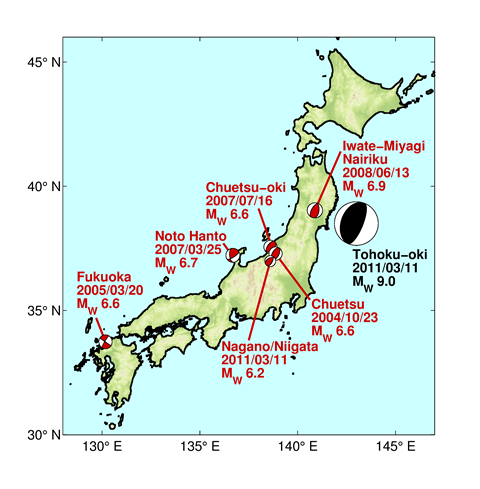 Japankarte mit den Orten und Herdmechanismen der untersuchten Erdbeben