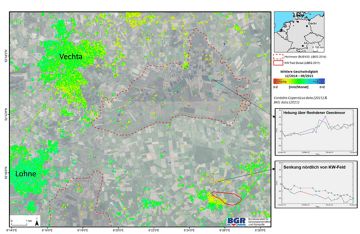 Abb. 2: Sentinel-1 PSI Ergebnis nördlich der Gemeinde Diepholz (Niedersachsen). Bodenbewegungen im Bereich von Mooren und einem stillgelegten Erdgasfördergebiet wurden detektiert