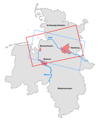 Abb. 1: Lage der WAP-Datensätze in Norddeutschland (Datensatz des aufsteigenden Orbits (roter Rahmen) und des absteigenden Orbits (blauer Rahmen))