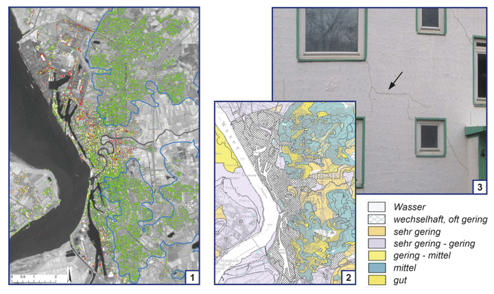 Abb. 4: 1. PSI-WAP-Daten für Bremerhaven (gün: stabil, gelb bis rot: Absenkungen), 2. Tragfähigkeit des Baugrundes (Ingenieurgeologische Karte), 3. Fassadenrisse an einem Wohngebäude in Bremerhaven