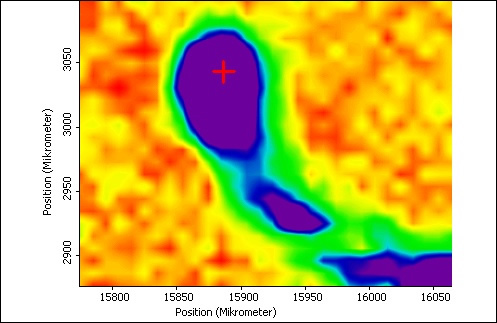 Abb. 3: Intensitätsverteilung der Karbonatbande (lila/blau = hohe Intensität) einer Tonsteinprobe. Die gemessene Fläche entspricht ca. 300 x 250 µm. Es lässt sich sehr gut die Form eines Schalenbruchstücks erkennen.