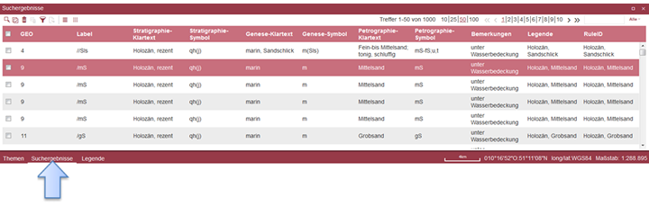 Die Suchergebnisse sind jederzeit ein- und ausblendbar über die untere Zeile im Geoviewer