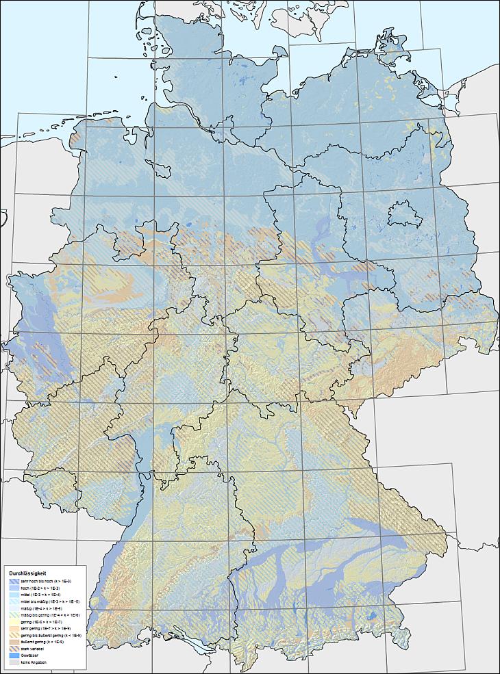Hydrogeologische Übersichtskarte von Deutschland 1:250.000 (HÜK250), Durchlässigkeit des oberen Grundwasserleiters