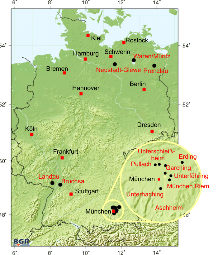 Tiefe Geothermie in Deutschland - Standorte im Betrieb (Stand 10/2011)