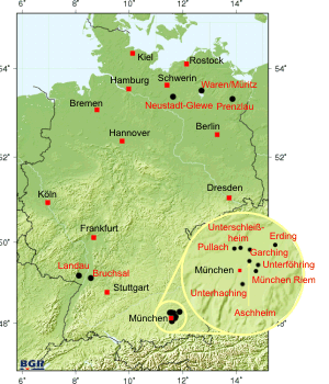 Tiefe Geothermie in Deutschland - Standorte im Betrieb (Stand 10/2011)