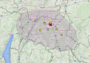 Projektgebiet im südlichen Landkreis München angrenzend an das Stadtgebiet München.Das Suchgebiet, in dem im Rahmen der Netzwerkoptimierung Stationen für das gemeinsame Messnetz eingerichtet werden ist grau schattiert.