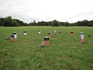 Die Messananlage im Feldeinsatz bei Landau, Juli 2014. Die Sensoren sind jeweils mit einem Eimer als Abdeckung gegen Umwelteinflüsse abgeschirmt.