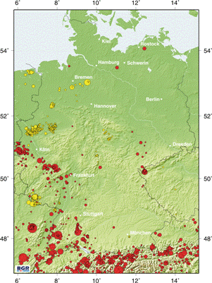 Seismizität in und um Deutschland: Ereignisse 2000 - 2011 mit Magnitude > 2;  rot: tektonisches Beben, gelb: vermutlich induziertes Beben